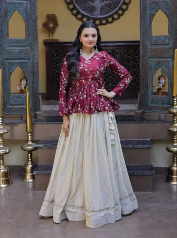 FANCY COSMOS SEQUENCE & ZARI EMBROIDERY WITH MIRROR LACE WORK TOP LEHENGA WINE