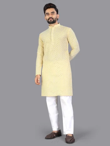 FANCY COTTON CHIKANKARI EMBROIDERY WORK MEN'S KURTA PAYJAMA LIGHT YELLOW