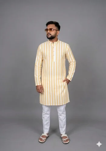 FANCY COTTON DIGITAL PRINTED WORK MEN'S KURTA PAYJAMA YELLOW