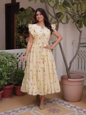 FANCY COTTON EMBROIDERED WORK ONE PIECE DRESS OFF WHITE