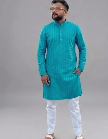 FANCY COTTON PLAIN LINE WORK MEN'S KURTA PAYJAMA RAMA