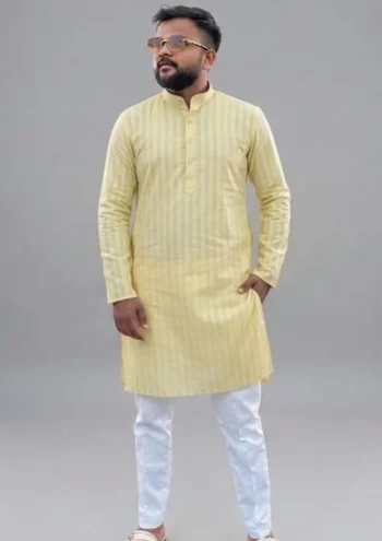 FANCY COTTON PLAIN LINE WORK MEN'S KURTA PAYJAMA LIGHT YELLOW
