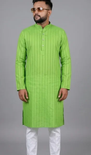 FANCY COTTON PLAIN LINE WORK MEN'S KURTA PAYJAMA PARROT GREEN