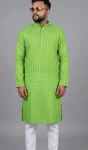 FANCY COTTON PLAIN LINE WORK MEN'S KURTA PAYJAMA PARROT GREEN