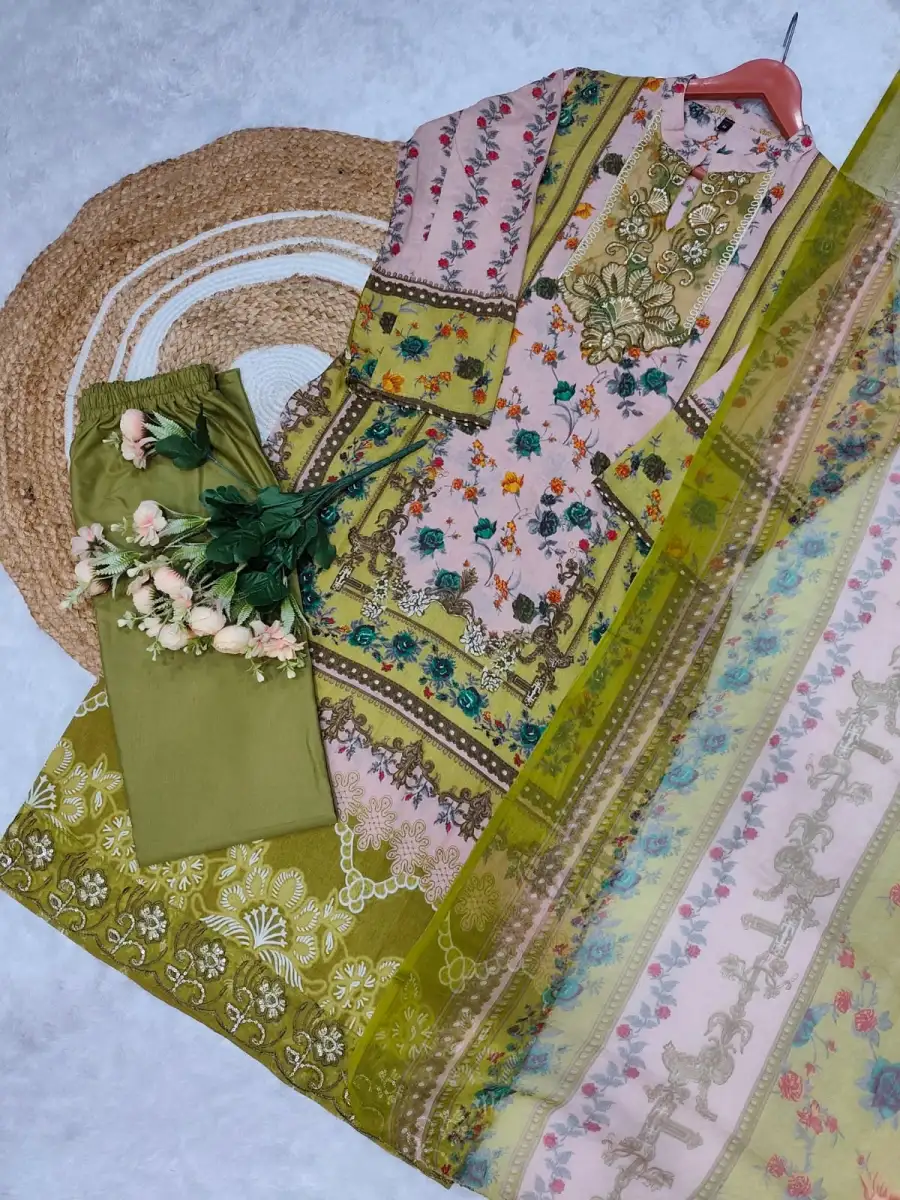 FANCY COTTON PRINT WITH EMBROIDERY SEQUENCE WORK TOP BOTTOM WITH DUPATTA FESTIVE WEAR WHOLESALE PRICE ETHNIC GARMENT (1)