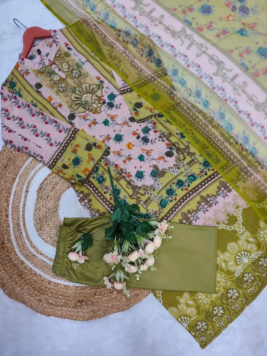 FANCY COTTON PRINT WITH EMBROIDERY SEQUENCE WORK TOP BOTTOM WITH DUPATTA FESTIVE WEAR WHOLESALE PRICE ETHNIC GARMENT (7)