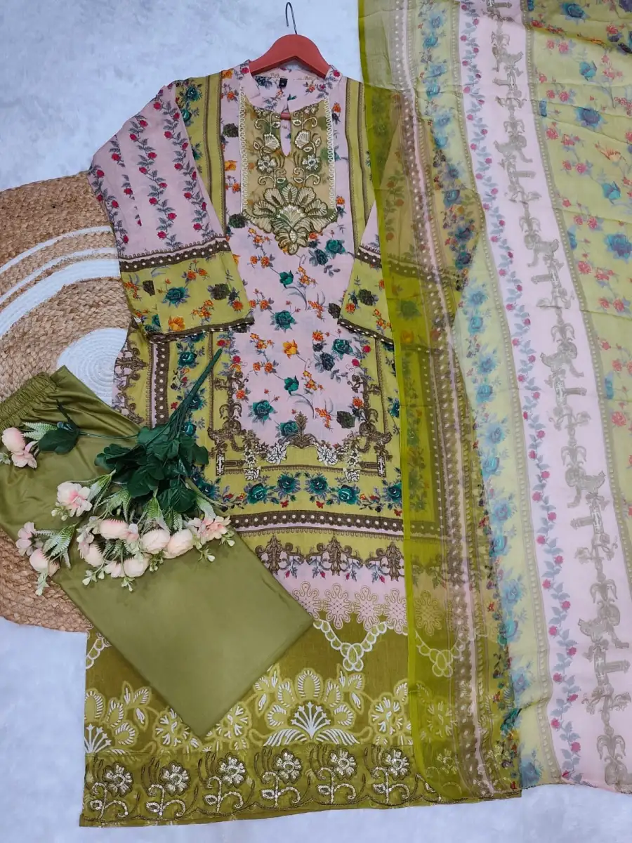 FANCY COTTON PRINT WITH EMBROIDERY SEQUENCE WORK TOP BOTTOM WITH DUPATTA FESTIVE WEAR WHOLESALE PRICE ETHNIC GARMENT (8)