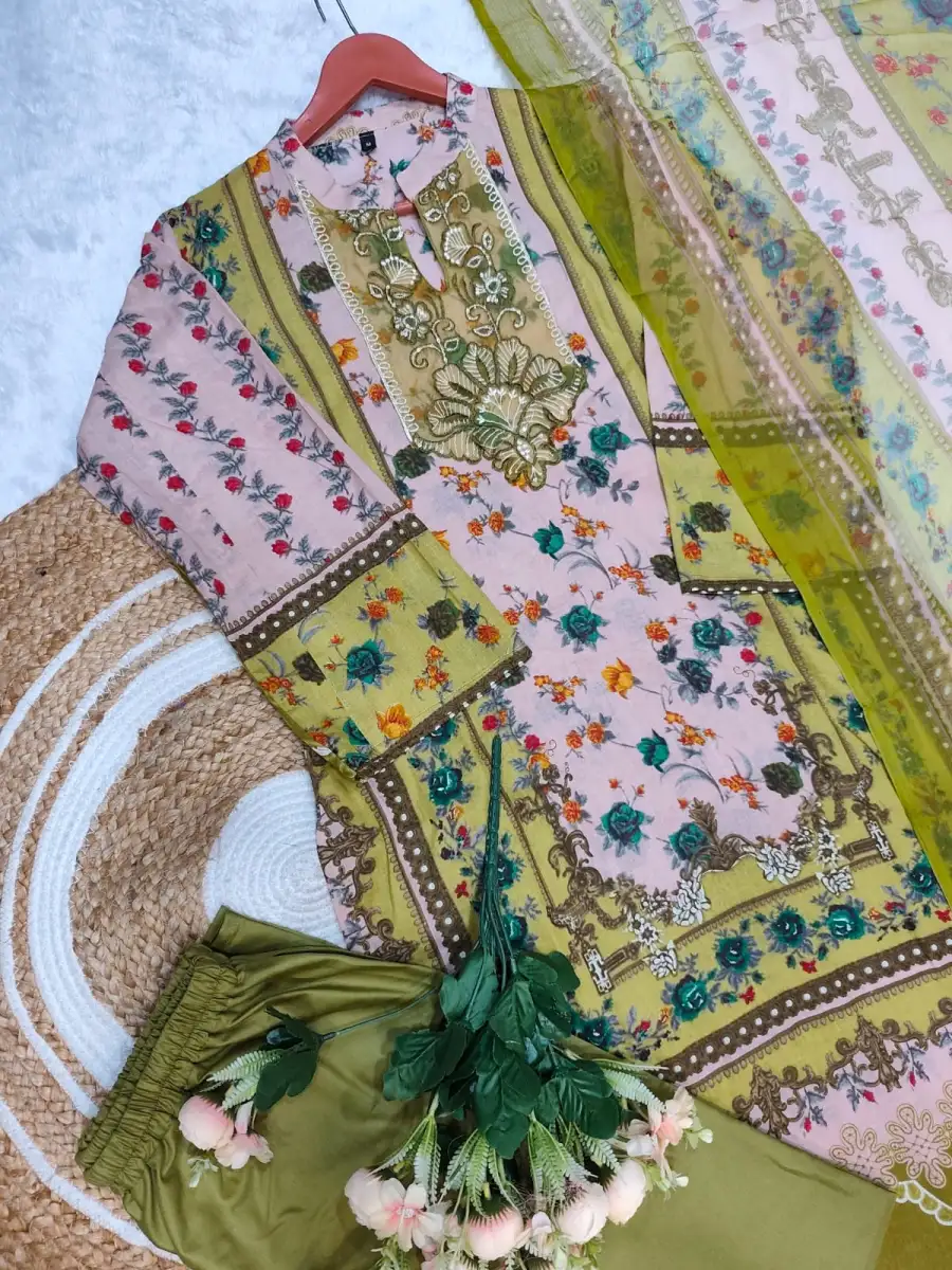 FANCY COTTON PRINT WITH EMBROIDERY SEQUENCE WORK TOP BOTTOM WITH DUPATTA FESTIVE WEAR WHOLESALE PRICE ETHNIC GARMENT (9)