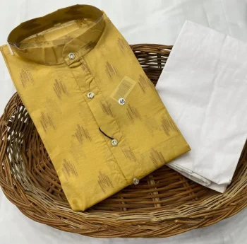 FANCY COTTON PRINTED WORK MEN'S KURTA PAYJAMA MUSTARD