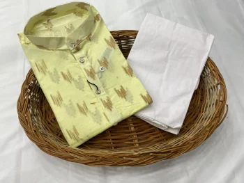 FANCY COTTON PRINTED WORK MEN'S KURTA PAYJAMA LIGHT YELLOW