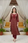 FANCY COTTON PRINTED WORK TOP PENT SET MAROON