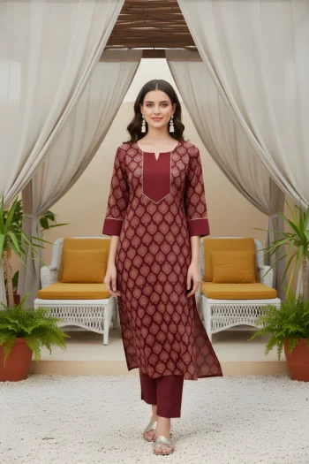FANCY COTTON PRINTED WORK TOP PENT SET MAROON