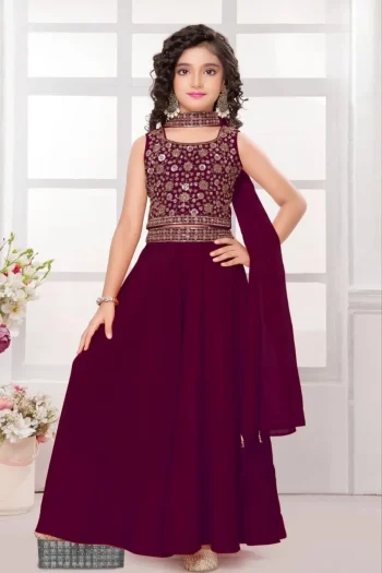 FANCY CREPE EMBROIDERED WORK KID'S TOP PALAZZO WITH DUPATTA MAROON