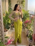 FANCY CREPE SATIN EMBROIDERY WORK DRAPED SKIRT BLOUSE WITH  KOTI LEMON
