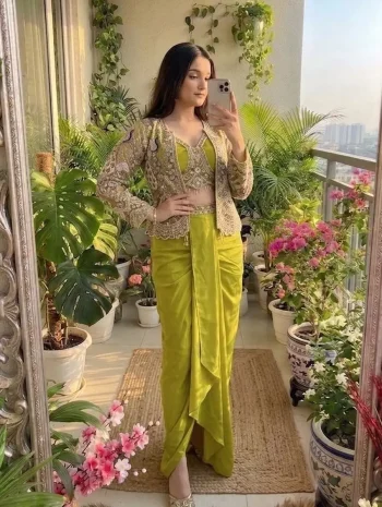 FANCY CREPE SATIN EMBROIDERY WORK DRAPED SKIRT BLOUSE WITH KOTI LEMON
