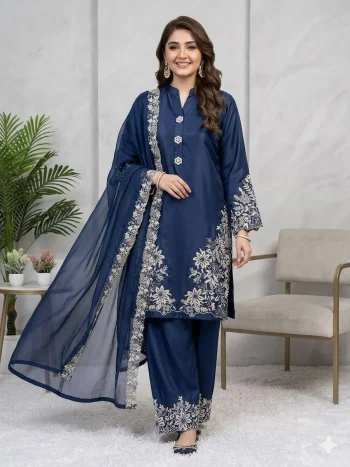 FANCY CREPE SILK EMBROIDERY WORK TOP PALAZZO WITH DUPATTA NAVY BLUE