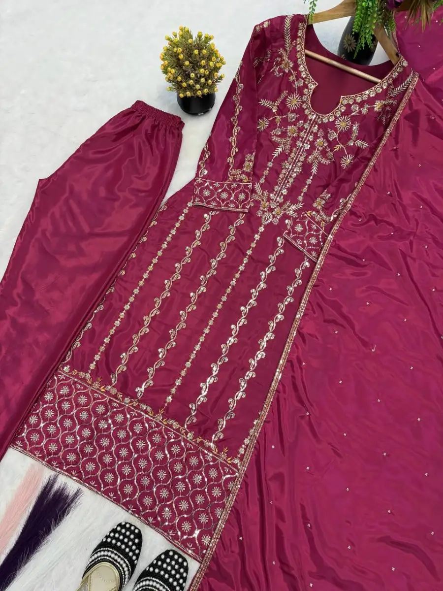 FANCY CREPE SILK MULTI NEEDLE EMBROIDERY SEQUENCE WORK TOP BOTTOM WITH DUPATTA FESTIVE WEAR WHOLESALE PRICE ETHNIC GARMENT (1)