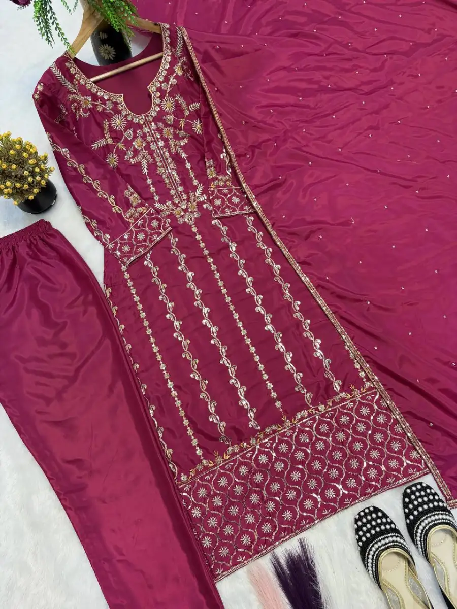 FANCY CREPE SILK MULTI NEEDLE EMBROIDERY SEQUENCE WORK TOP BOTTOM WITH DUPATTA FESTIVE WEAR WHOLESALE PRICE ETHNIC GARMENT (4)