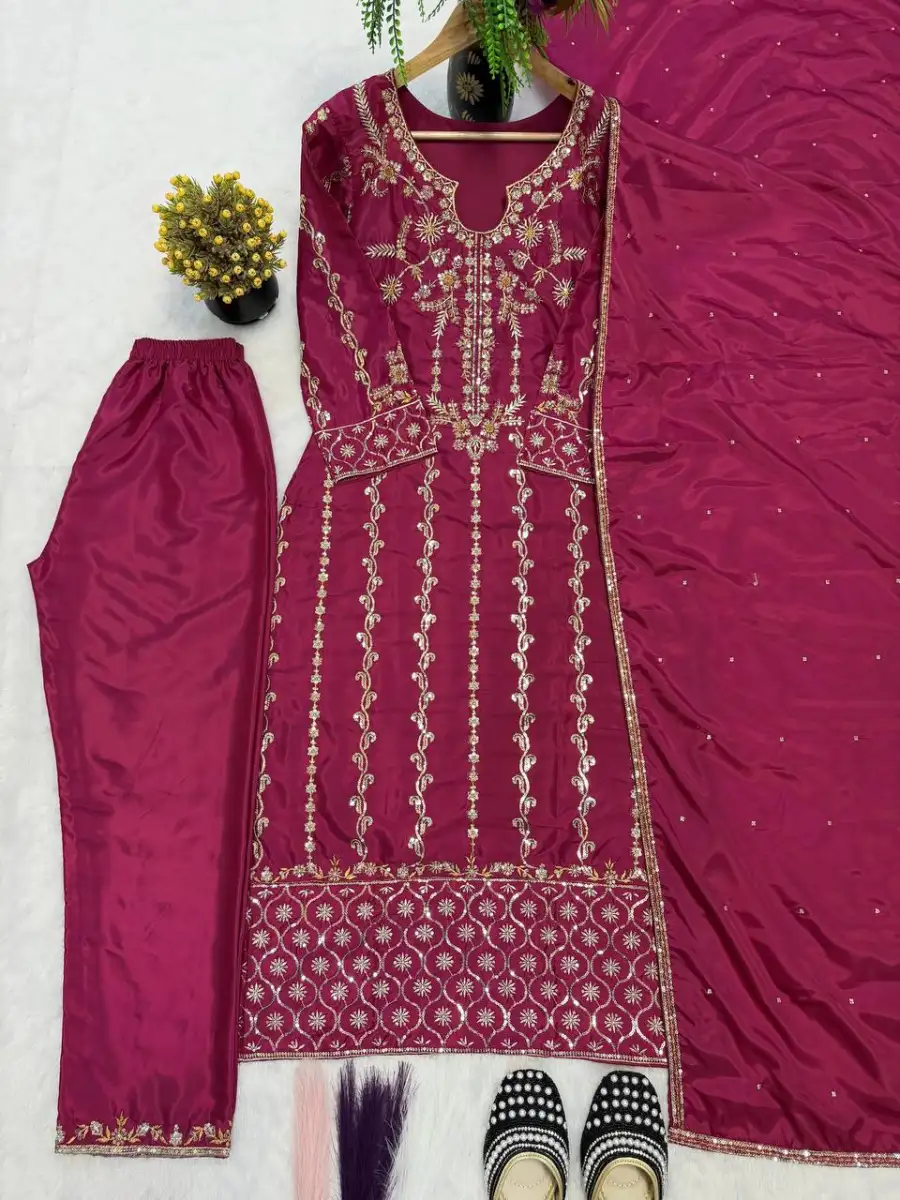 FANCY CREPE SILK MULTI NEEDLE EMBROIDERY SEQUENCE WORK TOP BOTTOM WITH DUPATTA FESTIVE WEAR WHOLESALE PRICE ETHNIC GARMENT (6)