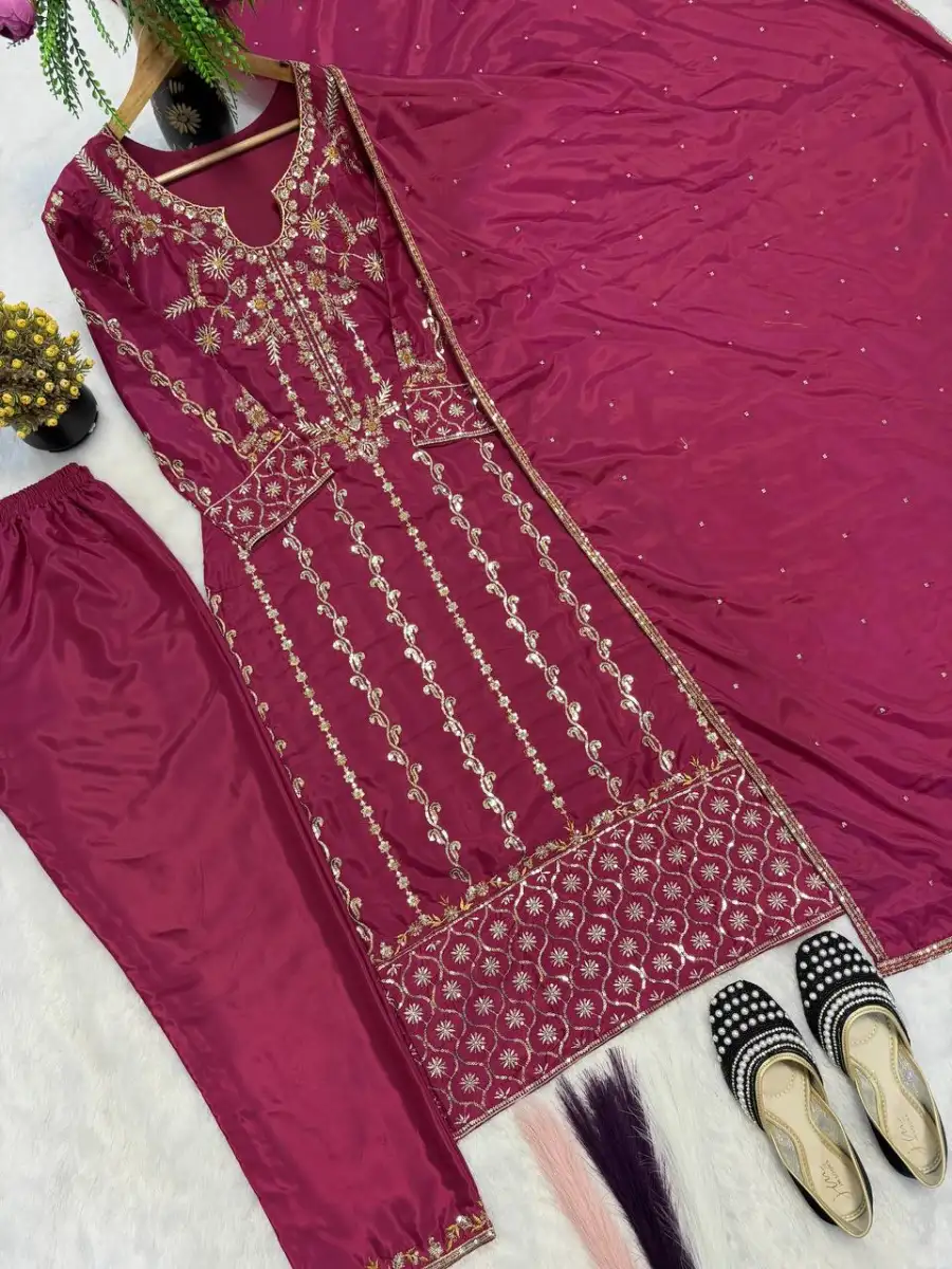FANCY CREPE SILK MULTI NEEDLE EMBROIDERY SEQUENCE WORK TOP BOTTOM WITH DUPATTA FESTIVE WEAR WHOLESALE PRICE ETHNIC GARMENT (7)