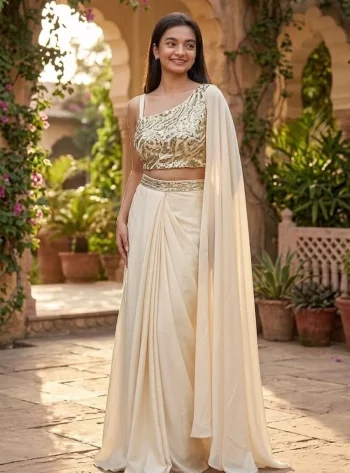 FANCY CREPE SILK MULTI THREAD EMBROIDERY WITH SEQUENCE WORK DHOTI STYLE SKIRT WITH STITCHED BLOUSE OFF WHITE