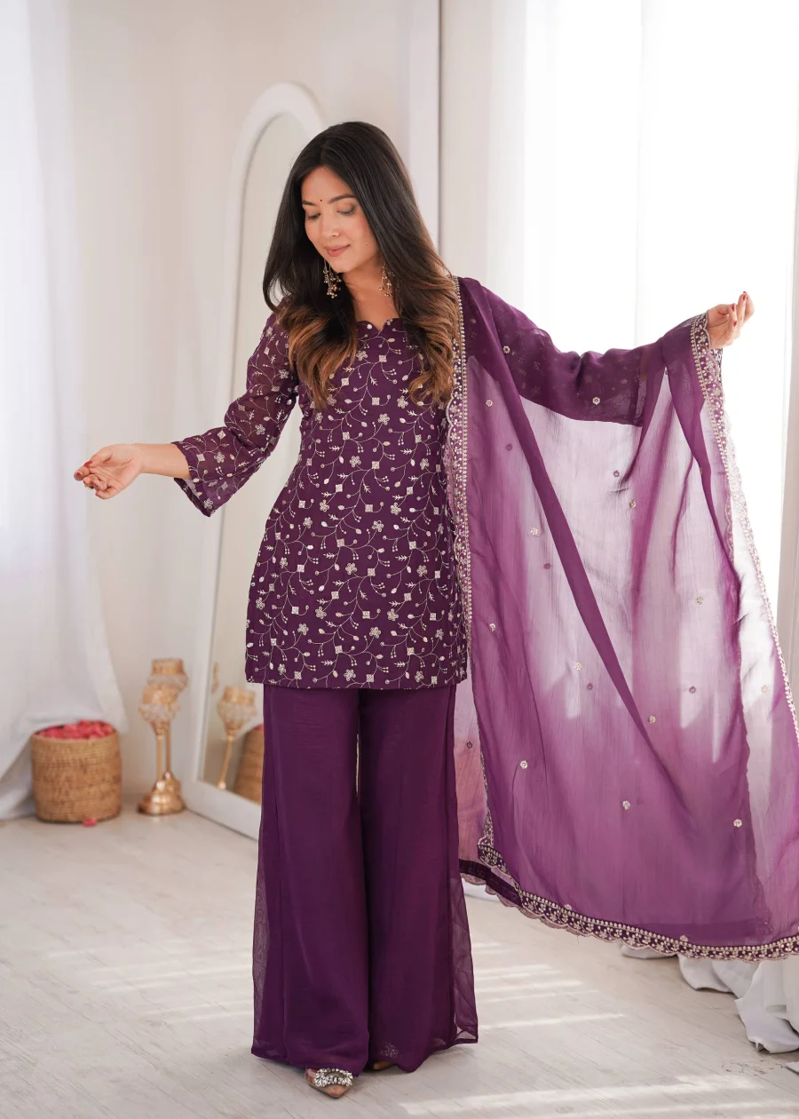 FANCY CRUNCHY SILK EMBROIDERY SEQUENCE AND JARI WORK TOP PALAZZO WITH DUPATTA WEDDING WEAR WHOLESALE PRICE ETHNIC GARMENT (5)