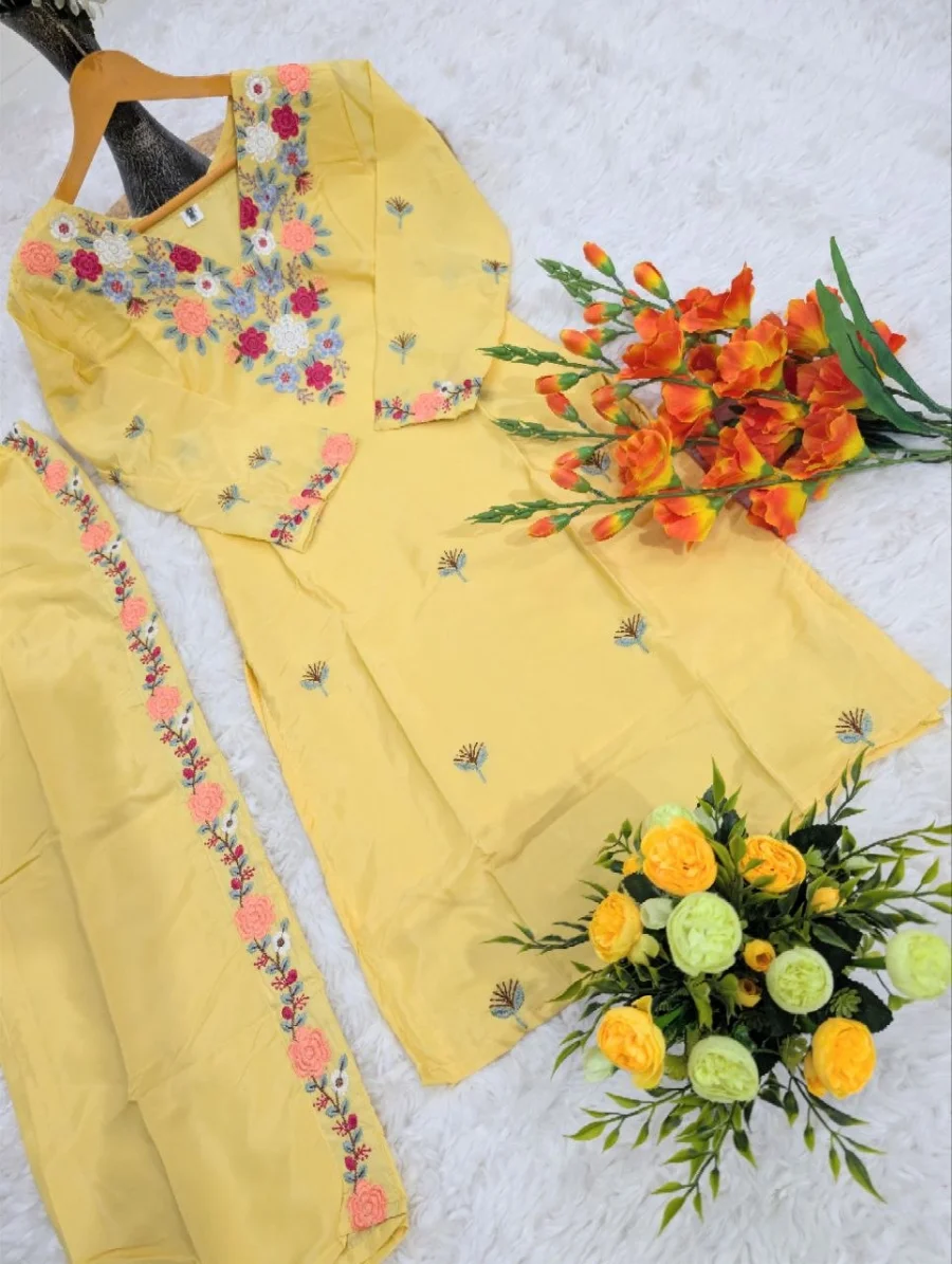 FANCY FRENCH CREPE SEQUENCE EMBROIDERY WORK TOP BOTTOM SET FESTIVE WEAR WHOLESALE PRICE ETHNIC GARMENT (12)