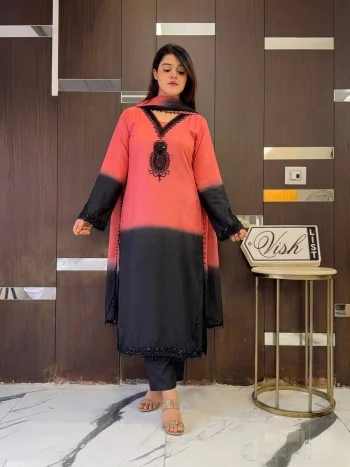 FANCY FRENCH CREPE SILK EMBROIDERY BEADS WORK TOP BOTTOM WITH DUPATTA BLACK AND PEACH