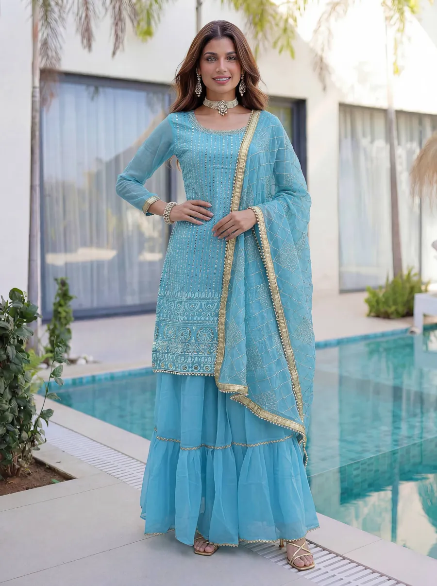 FANCY GEORGETTE EMBROIDERY SEQUENCE ZARI WORK TOP SHARARA WITH DUPATTA FESTIVE WEAR WHOLESALE PRICE ETHNIC GARMENT (24)
