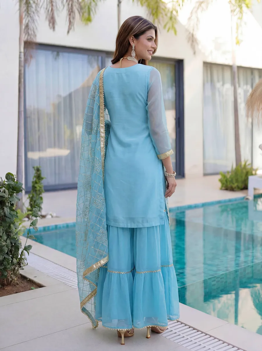 FANCY GEORGETTE EMBROIDERY SEQUENCE ZARI WORK TOP SHARARA WITH DUPATTA FESTIVE WEAR WHOLESALE PRICE ETHNIC GARMENT (26)