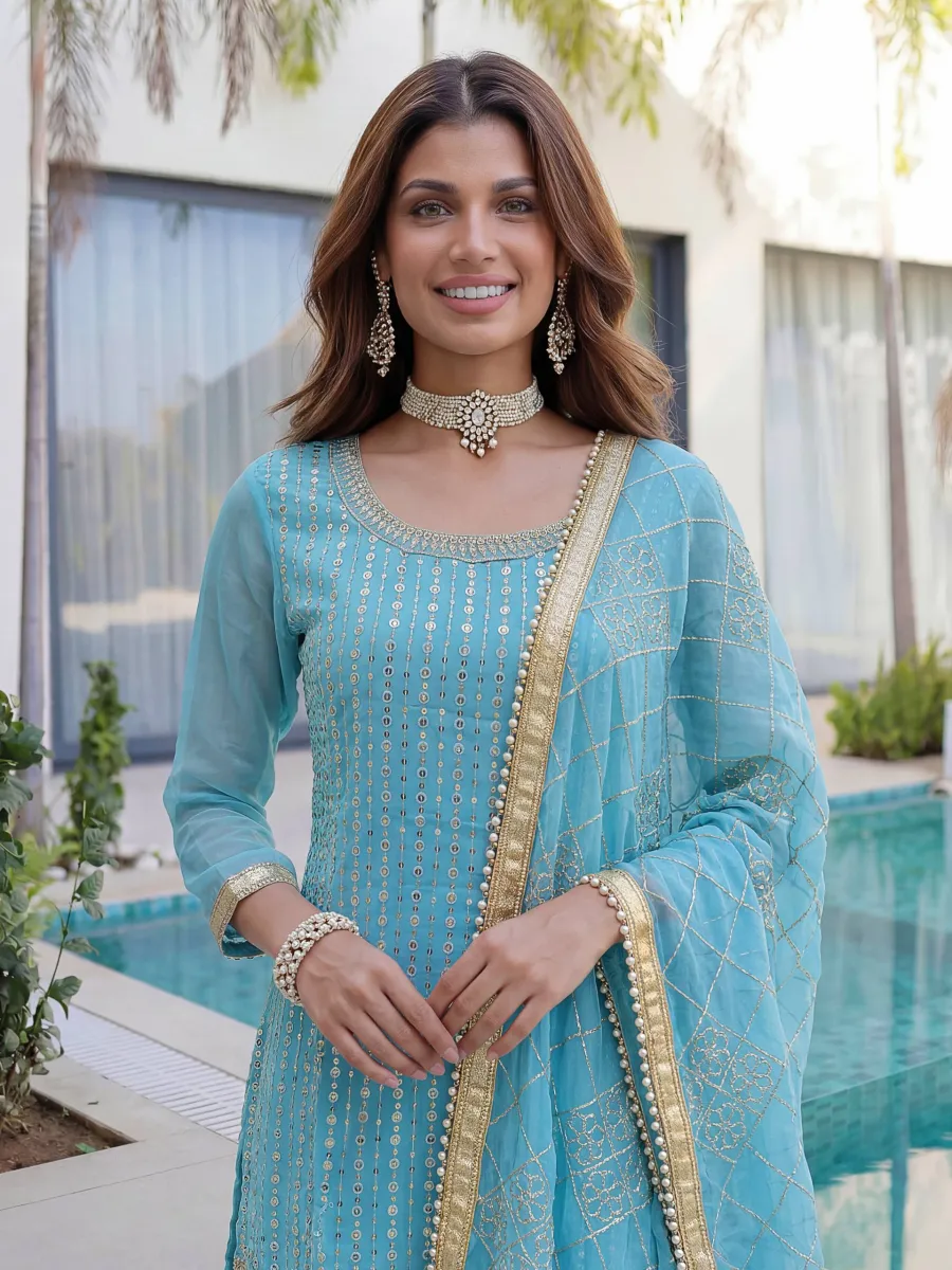 FANCY GEORGETTE EMBROIDERY SEQUENCE ZARI WORK TOP SHARARA WITH DUPATTA FESTIVE WEAR WHOLESALE PRICE ETHNIC GARMENT (27)