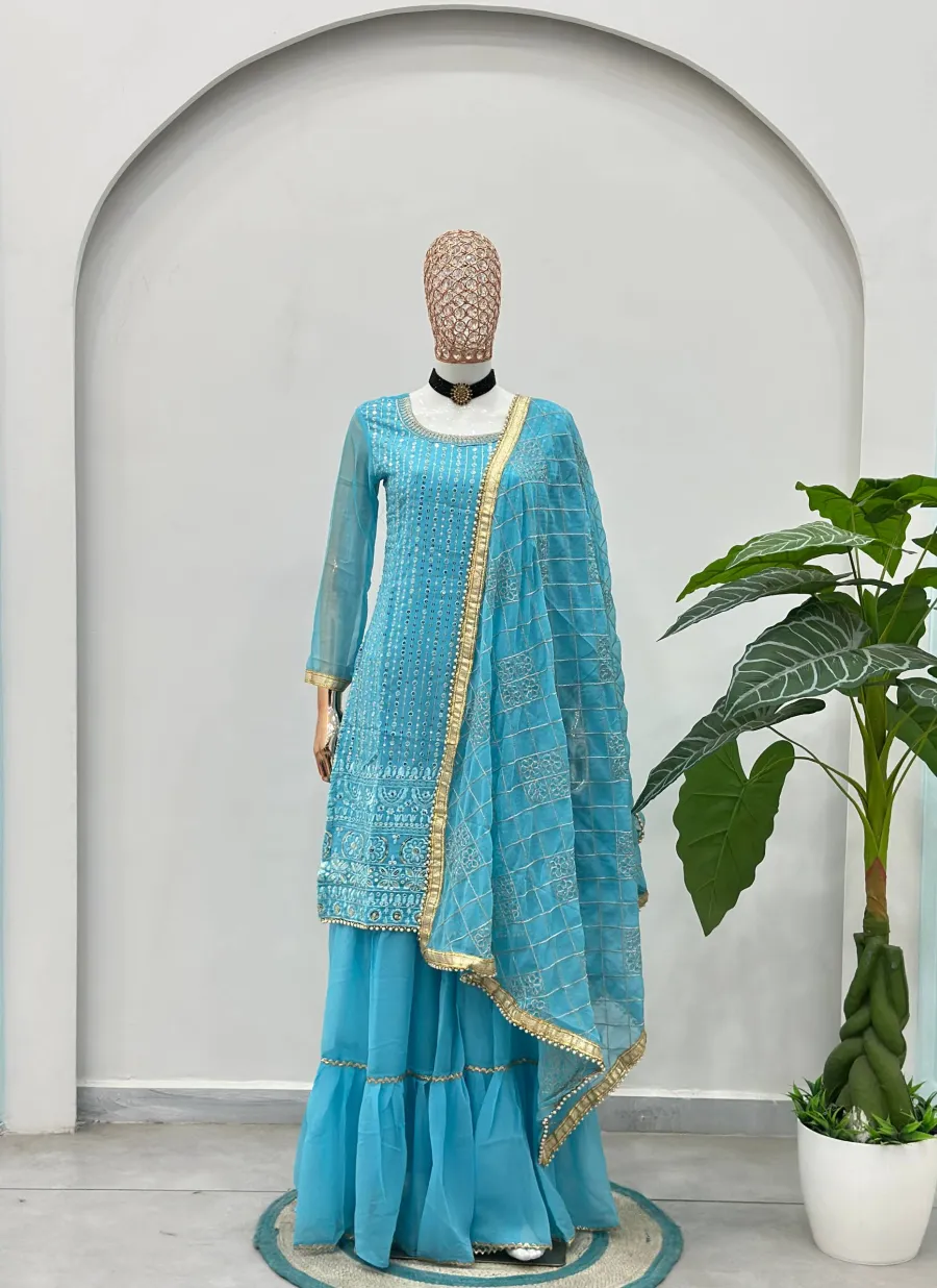 FANCY GEORGETTE EMBROIDERY SEQUENCE ZARI WORK TOP SHARARA WITH DUPATTA FESTIVE WEAR WHOLESALE PRICE ETHNIC GARMENT (37)