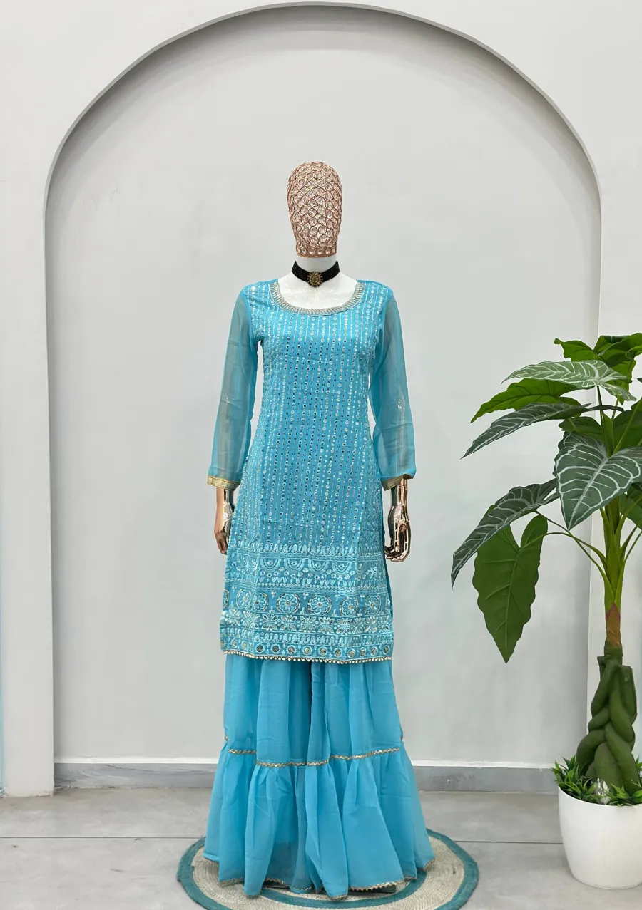 FANCY GEORGETTE EMBROIDERY SEQUENCE ZARI WORK TOP SHARARA WITH DUPATTA FESTIVE WEAR WHOLESALE PRICE ETHNIC GARMENT (38)