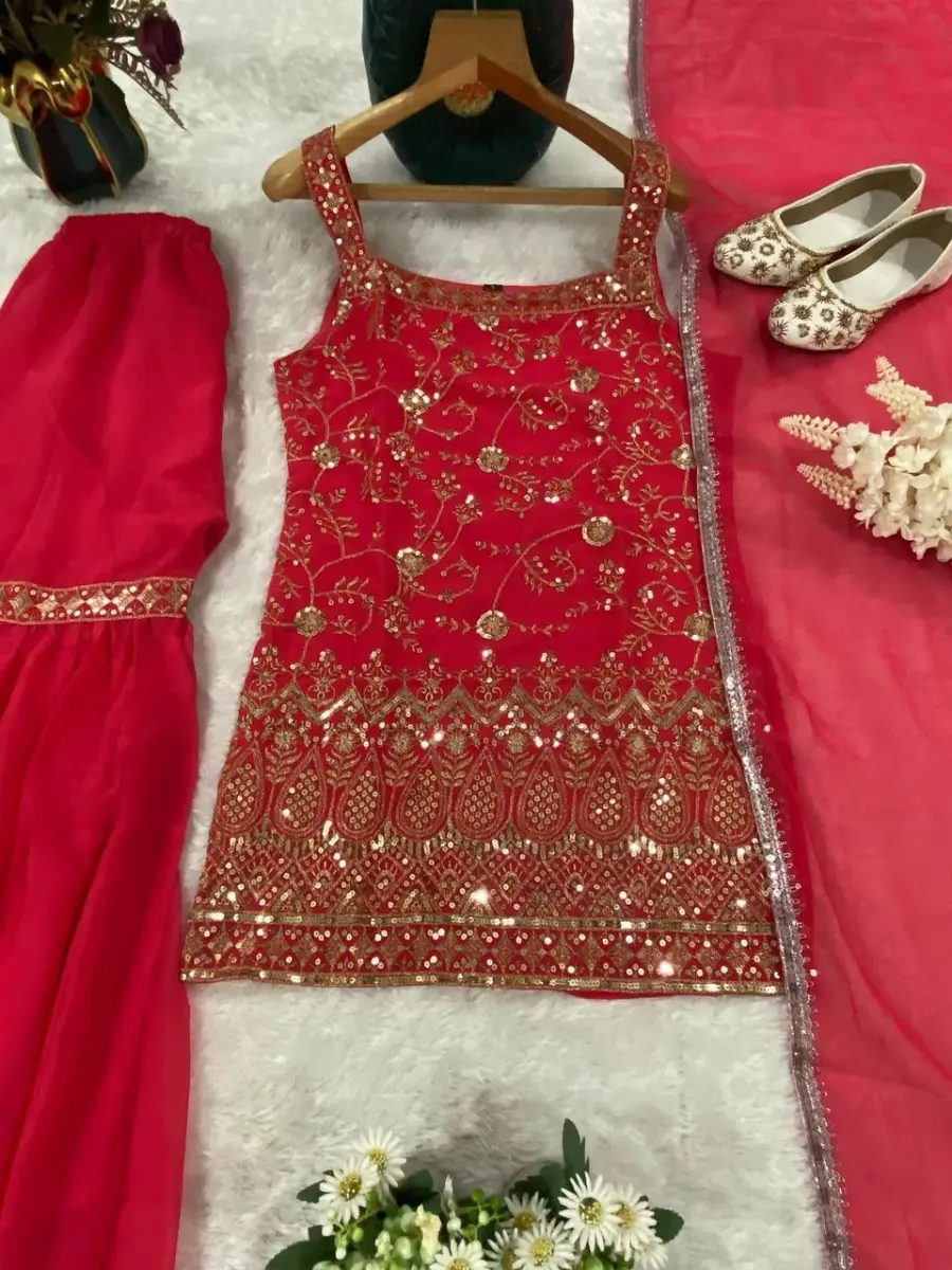 FANCY GEORGETTE EMBROIDERY WITH THREAD AND SEQUENCE WORK TOP SHARARA WITH DUPATTA FESTIVE WEAR WHOLESALE PRICE ETHNIC GARMENT (2)