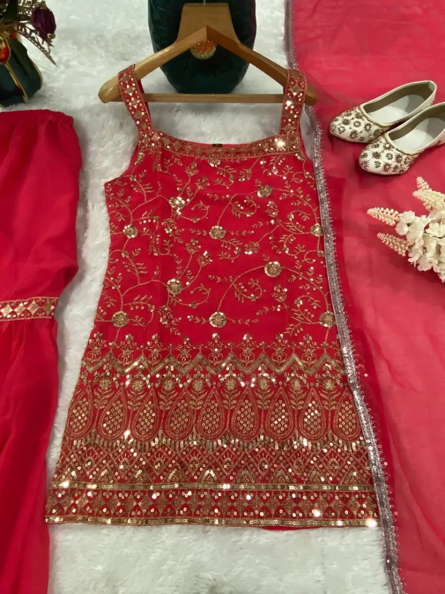 FANCY GEORGETTE EMBROIDERY WITH THREAD AND SEQUENCE WORK TOP SHARARA WITH DUPATTA FESTIVE WEAR WHOLESALE PRICE ETHNIC GARMENT (6)