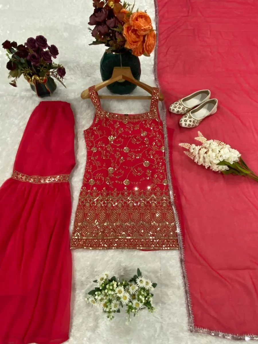 FANCY GEORGETTE EMBROIDERY WITH THREAD AND SEQUENCE WORK TOP SHARARA WITH DUPATTA FESTIVE WEAR WHOLESALE PRICE ETHNIC GARMENT (7)