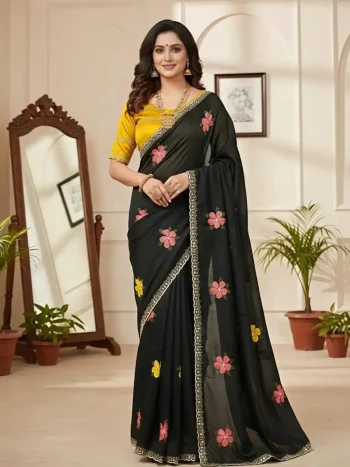 FANCY GEORGETTE EMBROIDERY WORK SAREE WITH UNSTITCHED BLOUSE BLACK