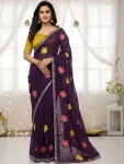 FANCY GEORGETTE EMBROIDERY WORK SAREE WITH UNSTITCHED BLOUSE PURPLE