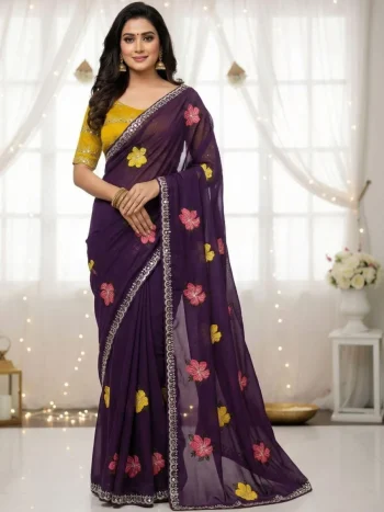 FANCY GEORGETTE EMBROIDERY WORK SAREE WITH UNSTITCHED BLOUSE PURPLE