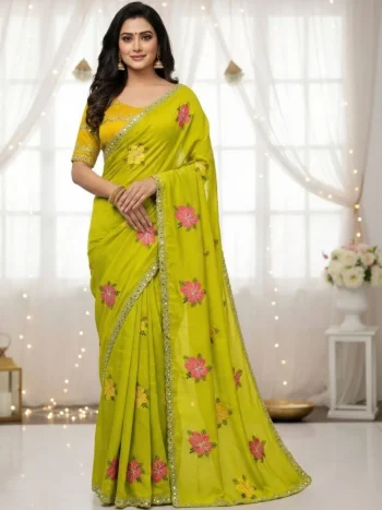 FANCY GEORGETTE EMBROIDERY WORK SAREE WITH UNSTITCHED BLOUSE LEMON