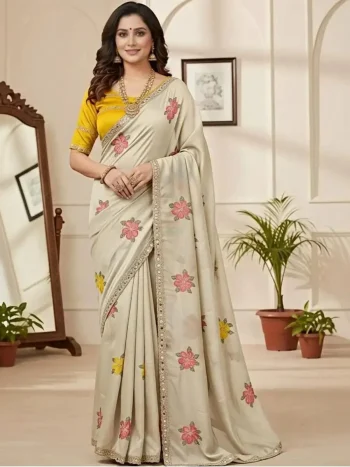 FANCY GEORGETTE EMBROIDERY WORK SAREE WITH UNSTITCHED BLOUSE CREAM