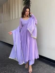 FANCY GEORGETTE MIRROR LACE  SEQUENCE WORK GOWN BOTTOM WITH DUPATTA LAVENDER