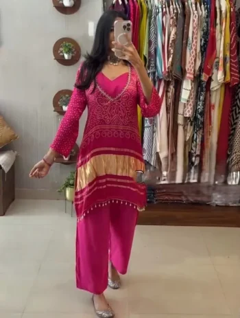 FANCY GEORGETTE PRINT WORK TOP BUSTIER WITH BOTTOM PINK