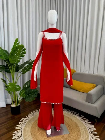 FANCY GEORGETTE REAL MIRROR WORK TOP PALAZZO WITH DUPATTA RED