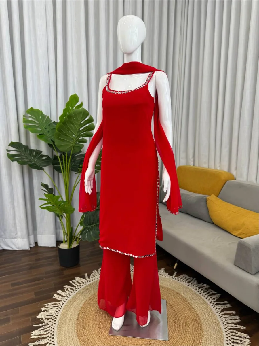 FANCY GEORGETTE REAL MIRROR WORK TOP PALAZZO WITH DUPATTA PARTY WEAR WHOLESALE PRICE ETHNIC GARMENT (3)