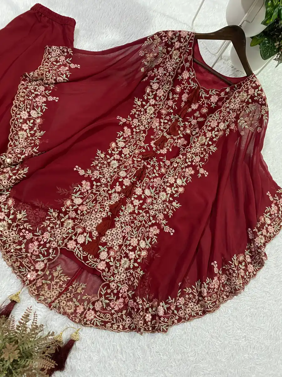 FANCY GEORGETTE SEQUENCE EMBROIDERY WORK TOP PALAZZO WITH SHRUG PARTY WEAR WHOLESALE PRICE ETHNIC GARMENT (1)