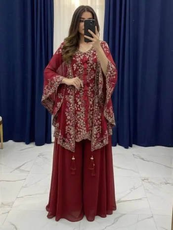 FANCY GEORGETTE SEQUENCE EMBROIDERY WORK TOP PALAZZO WITH SHRUG MAROON