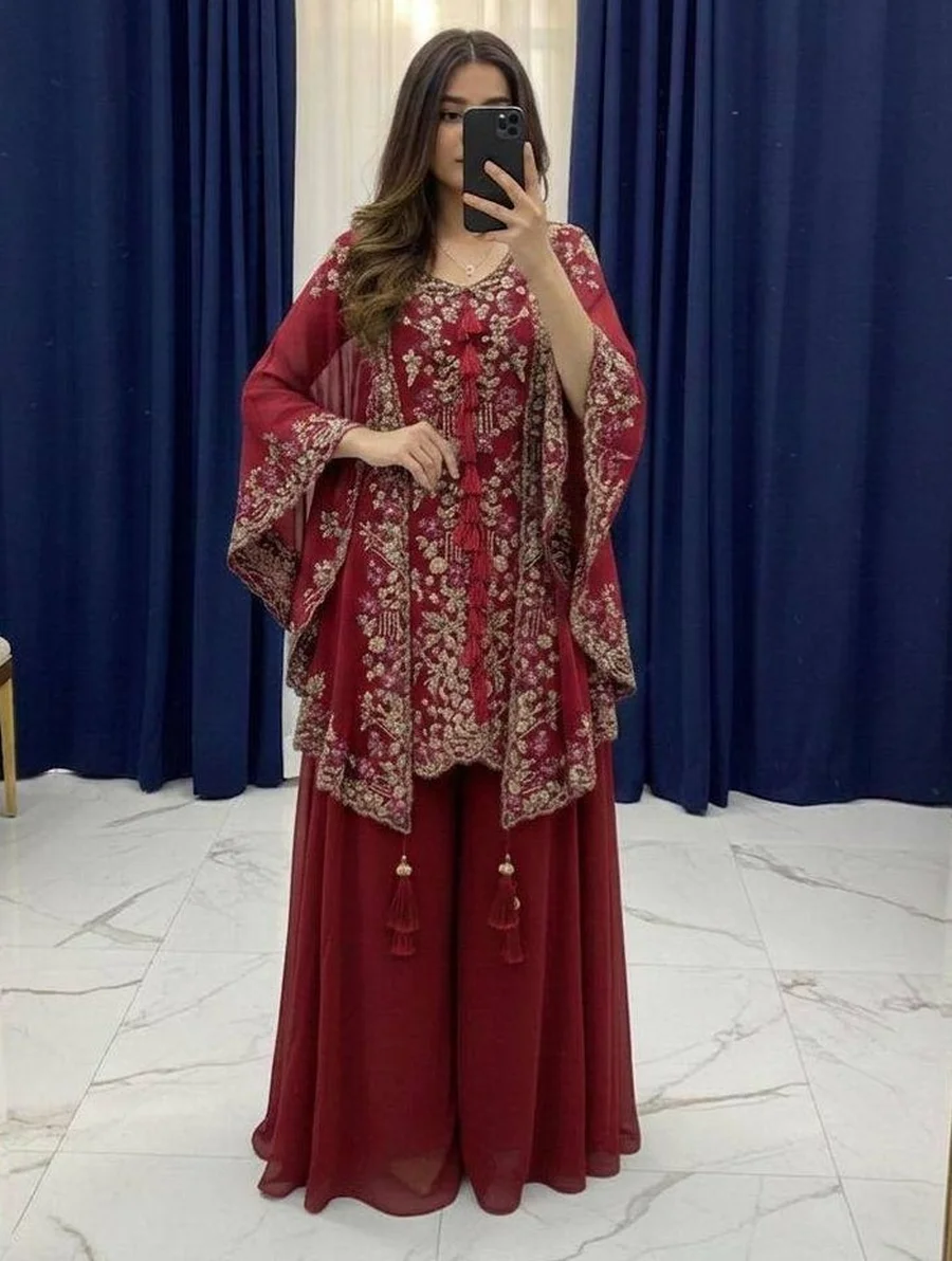 FANCY GEORGETTE SEQUENCE EMBROIDERY WORK TOP PALAZZO WITH SHRUG PARTY WEAR WHOLESALE PRICE ETHNIC GARMENT (2)