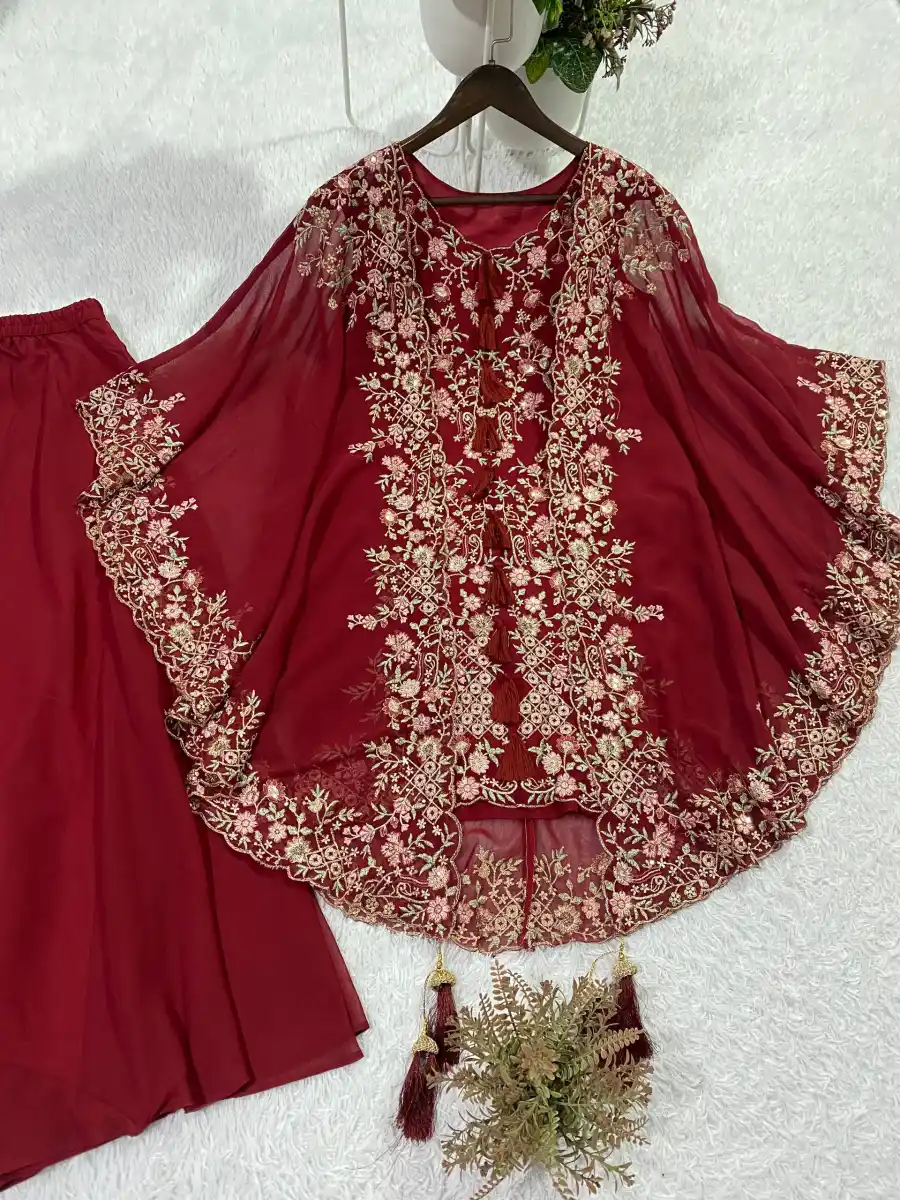 FANCY GEORGETTE SEQUENCE EMBROIDERY WORK TOP PALAZZO WITH SHRUG PARTY WEAR WHOLESALE PRICE ETHNIC GARMENT (3)
