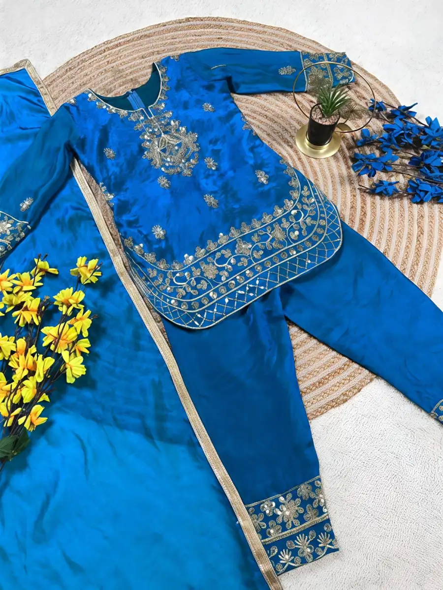 FANCY GMY SILK EMBROIDERY SEQUENCE WORK KID'S TOP BOTTOM WITH DUPATTA FESTIVE WEAR WHOLESALE PRICE ETHNIC GARMENT (10)